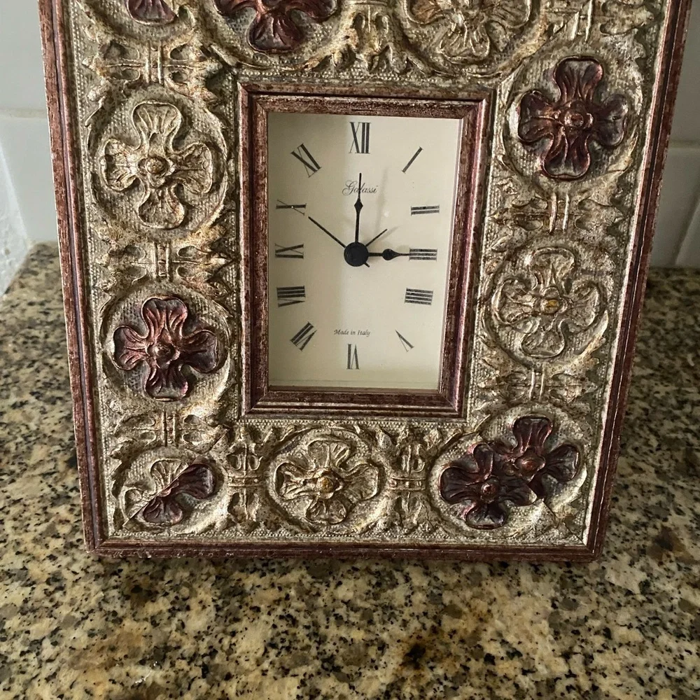 Vintage Galassi Italian Ornate MCM Gold Leaf Distressed Easel Back Clock